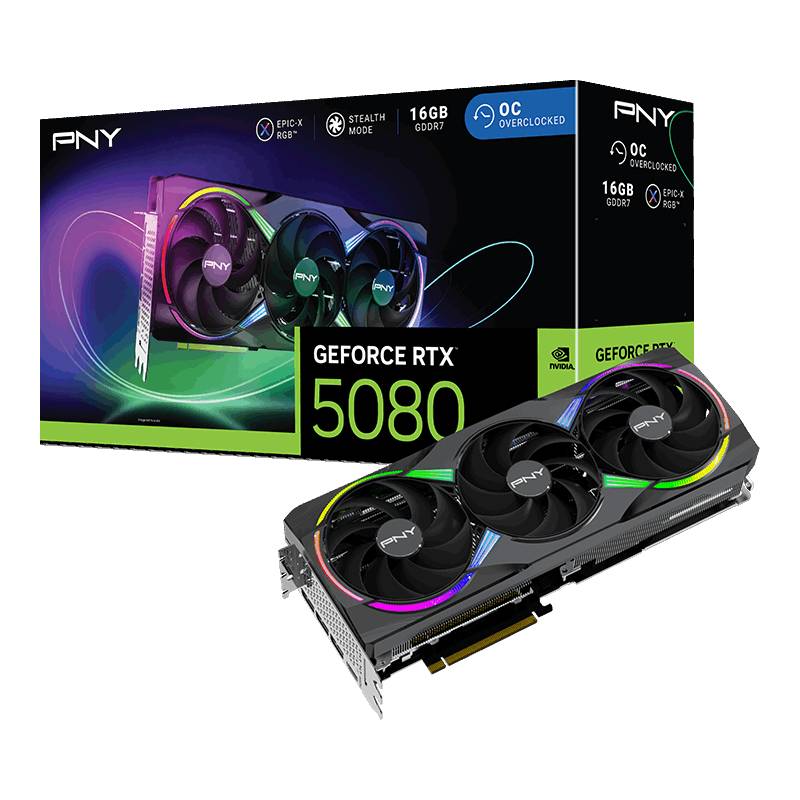 Carte graphique PNY NVIDIA GeForce RTX 5080 « Blackwell » ARGB EPIC-X RGB OC Triple Fan 16 Go GDDR7 DLSS4